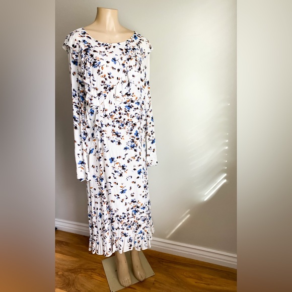 Treasure & Bond Floral Midi Ruffle Long Sleeves Dress White Blue Orange Celeb M - Picture 4 of 12